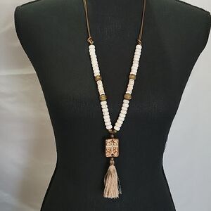 Brass-Tone Cross Pendant Tassel Necklace new